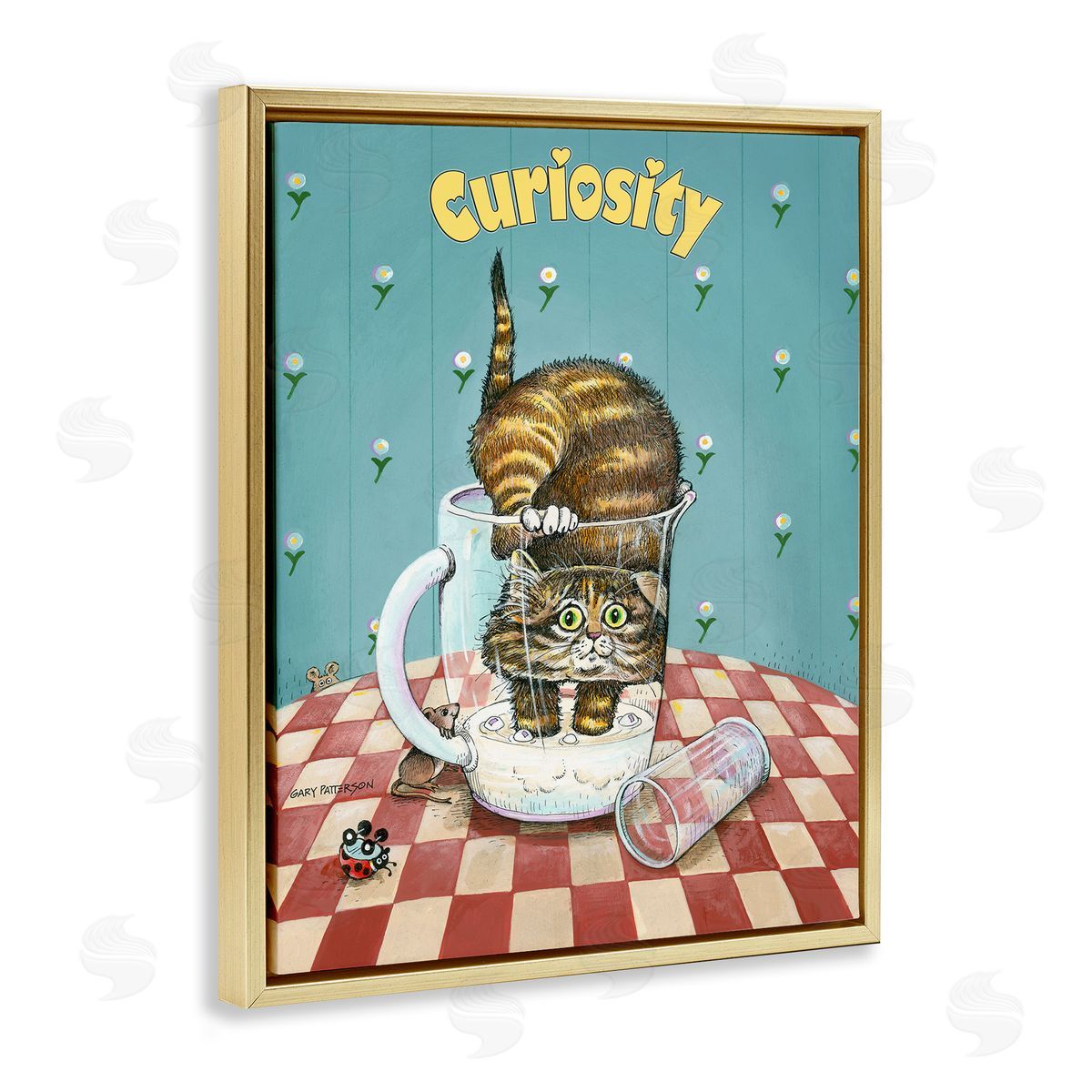 Curiosity Funny Cat Pet Gold Floating Frame Canvas Wall Art, Home Decor by Gary Patterson