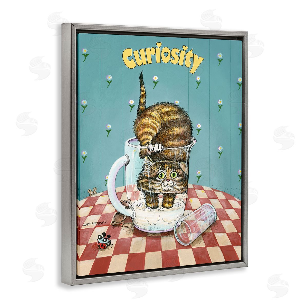 Curiosity Funny Cat Pet Grey Floating Frame Canvas Wall Art, Home Decor by Gary Patterson