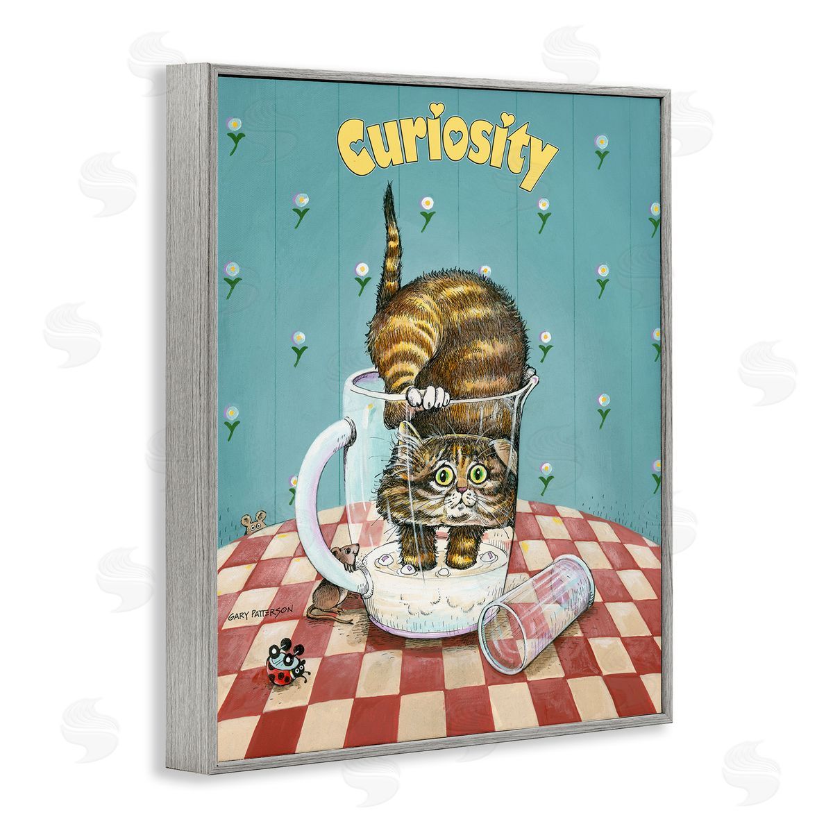 Curiosity Funny Cat Pet Grey Frame Print Wall Art, Home Decor by Gary Patterson