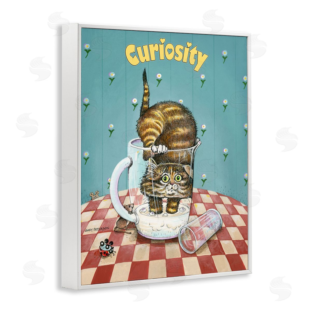 Curiosity Funny Cat Pet White Frame Print Wall Art, Home Decor by Gary Patterson