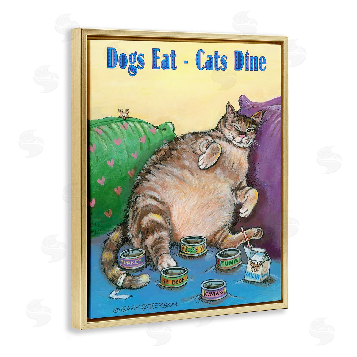 Dogs Eat Cats Dine Funny Pet Gold Floating Frame Canvas Wall Art, Home Decor by Gary Patterson