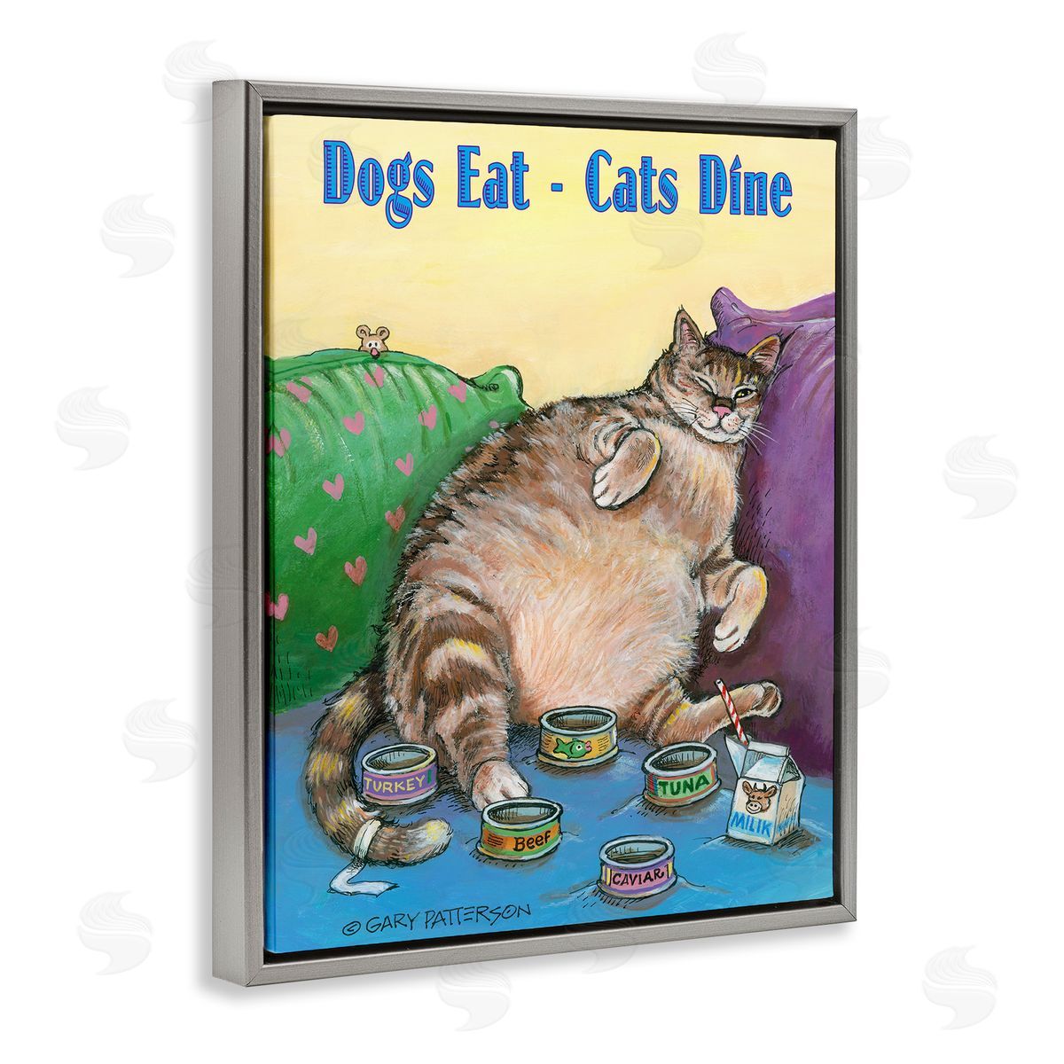Dogs Eat Cats Dine Funny Pet Grey Floating Frame Canvas Wall Art, Home Decor by Gary Patterson