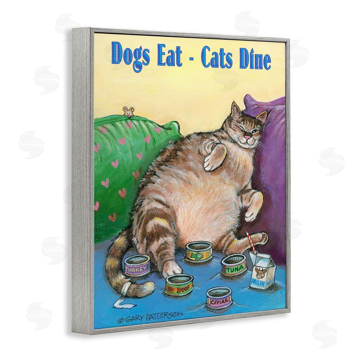 Dogs Eat Cats Dine Funny Pet Grey Frame Print Wall Art, Home Decor by Gary Patterson