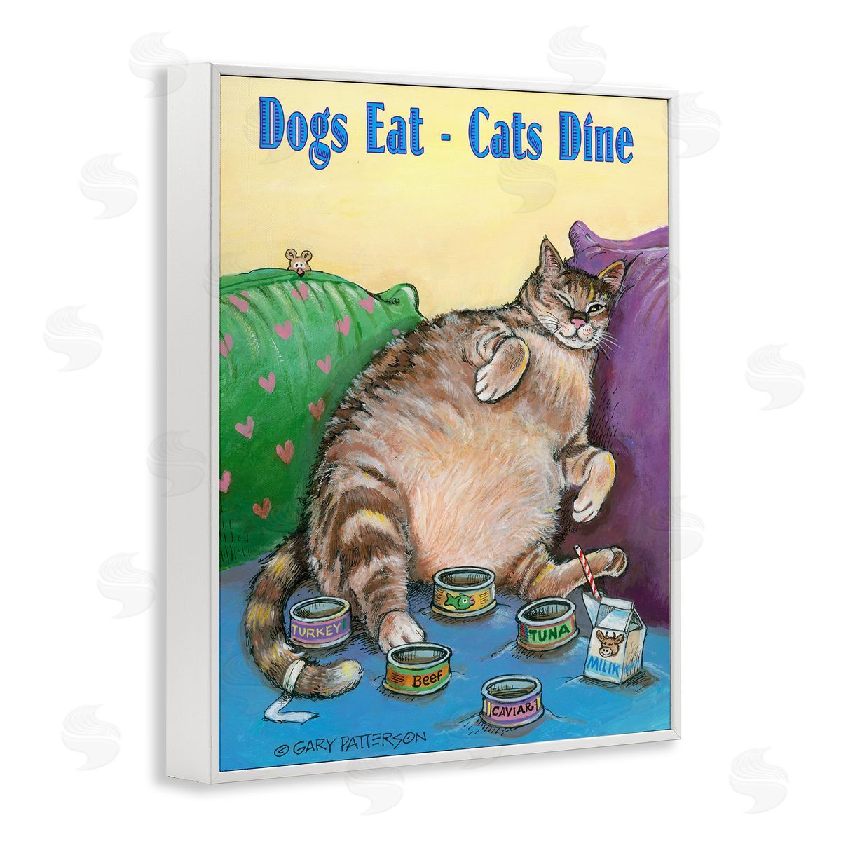 Dogs Eat Cats Dine Funny Pet White Frame Print Wall Art, Home Decor by Gary Patterson