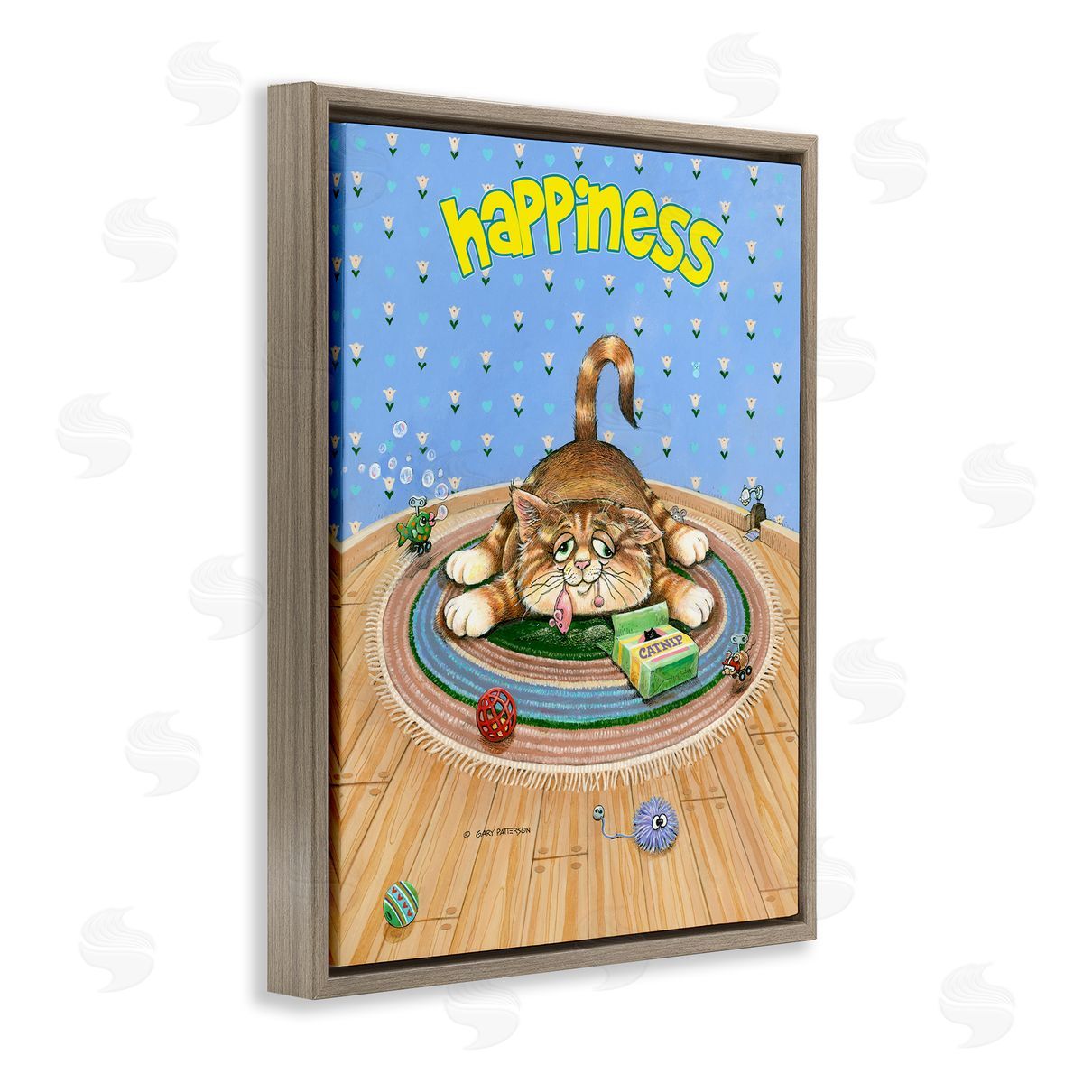 Happiness Funny Cat Pet Brown Floating Frame Canvas Wall Art, Home Decor by Gary Patterson