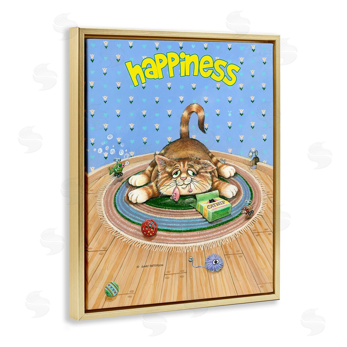 Happiness Funny Cat Pet Gold Floating Frame Canvas Wall Art, Home Decor by Gary Patterson