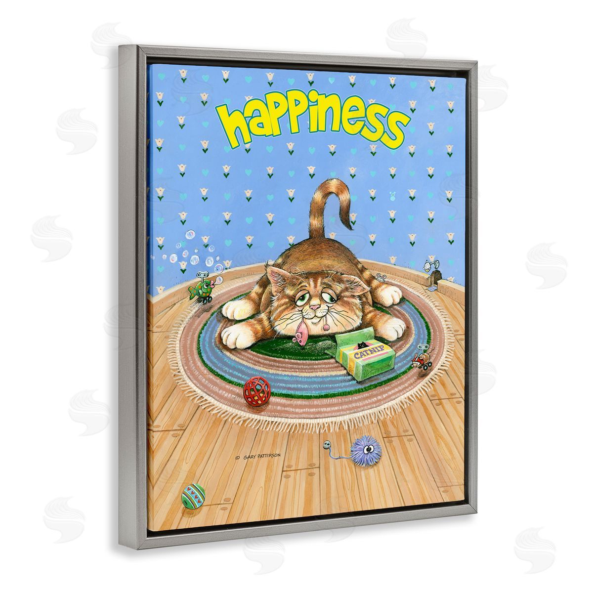 Happiness Funny Cat Pet Grey Floating Frame Canvas Wall Art, Home Decor by Gary Patterson