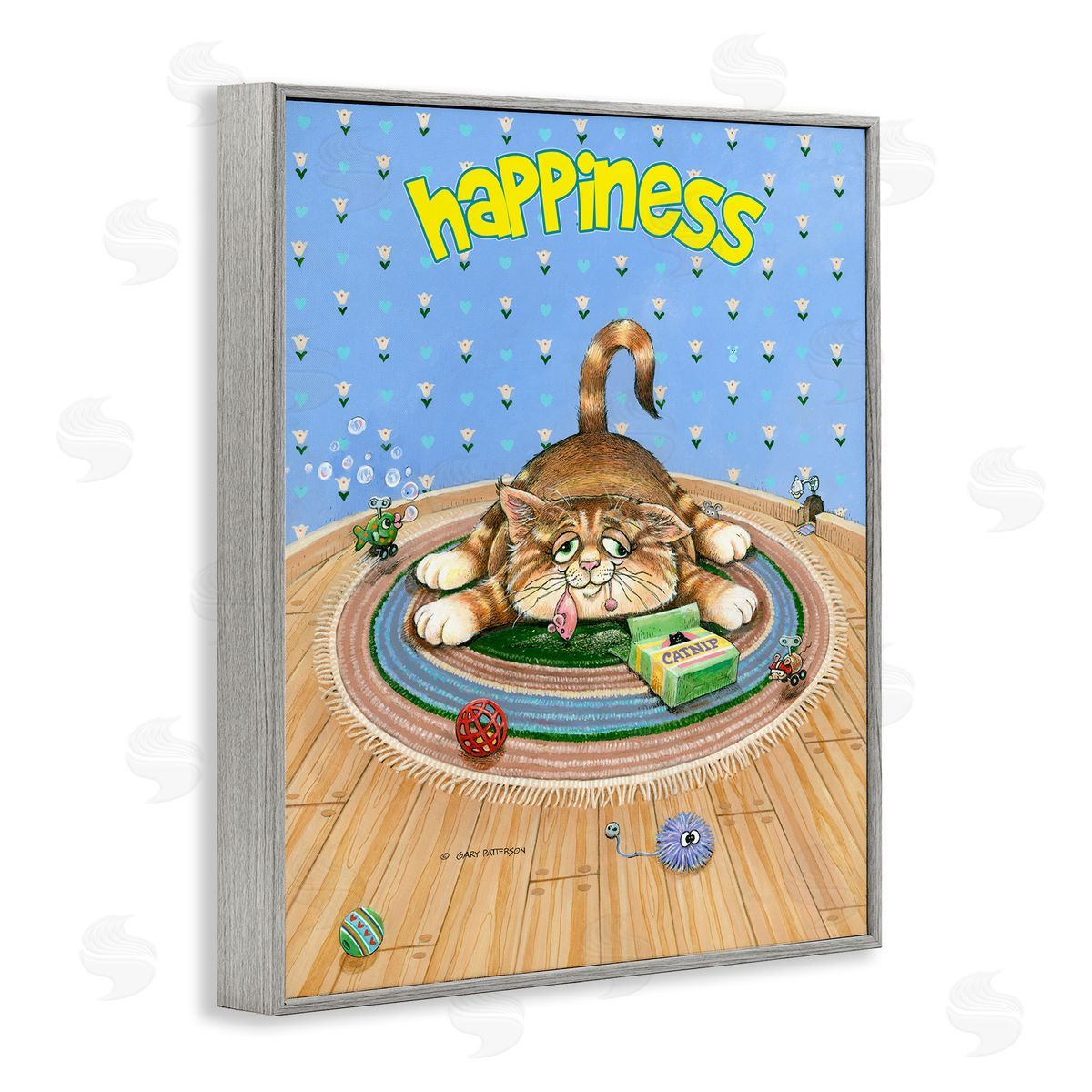 Happiness Funny Cat Pet Grey Frame Print Wall Art, Home Decor by Gary Patterson