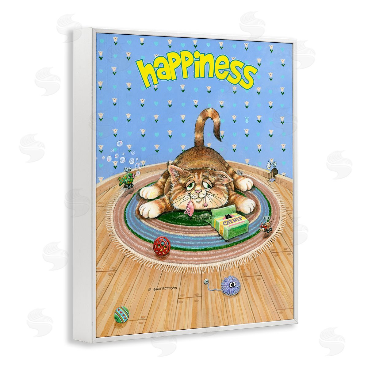 Happiness Funny Cat Pet White Frame Print Wall Art, Home Decor by Gary Patterson