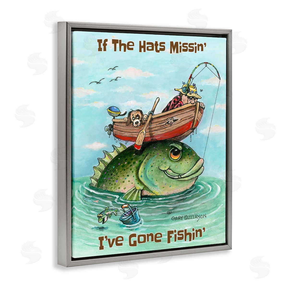 Hats Missing Gone Fishing Grey Floating Frame Canvas Wall Art, Home Decor by Gary Patterson
