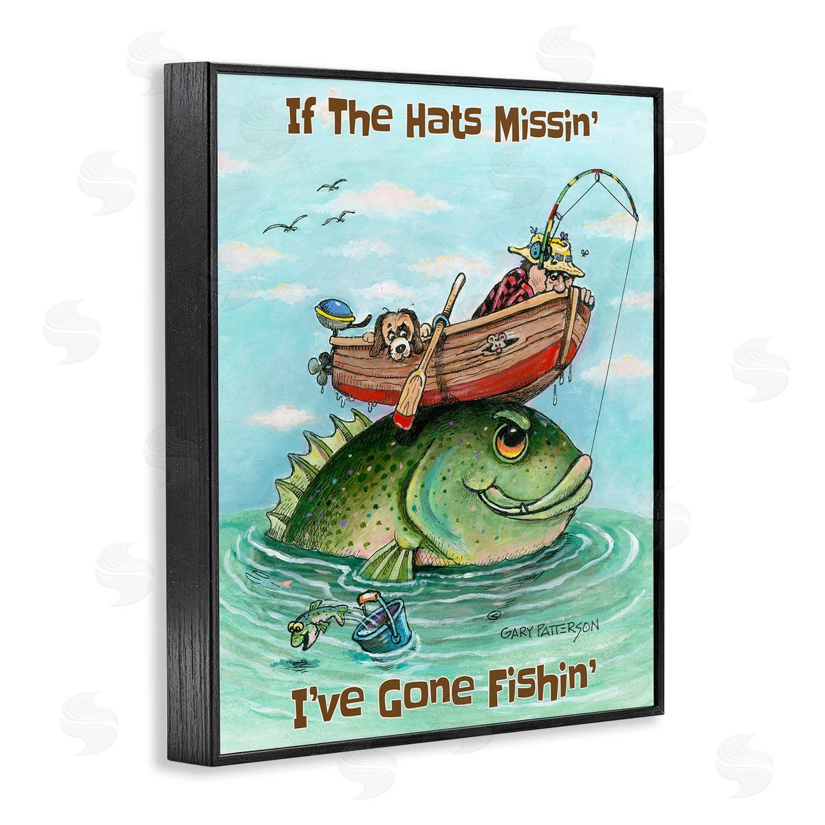 Hats Missing Gone Fishing Black Frame Print Wall Art, Home Decor by Gary Patterson