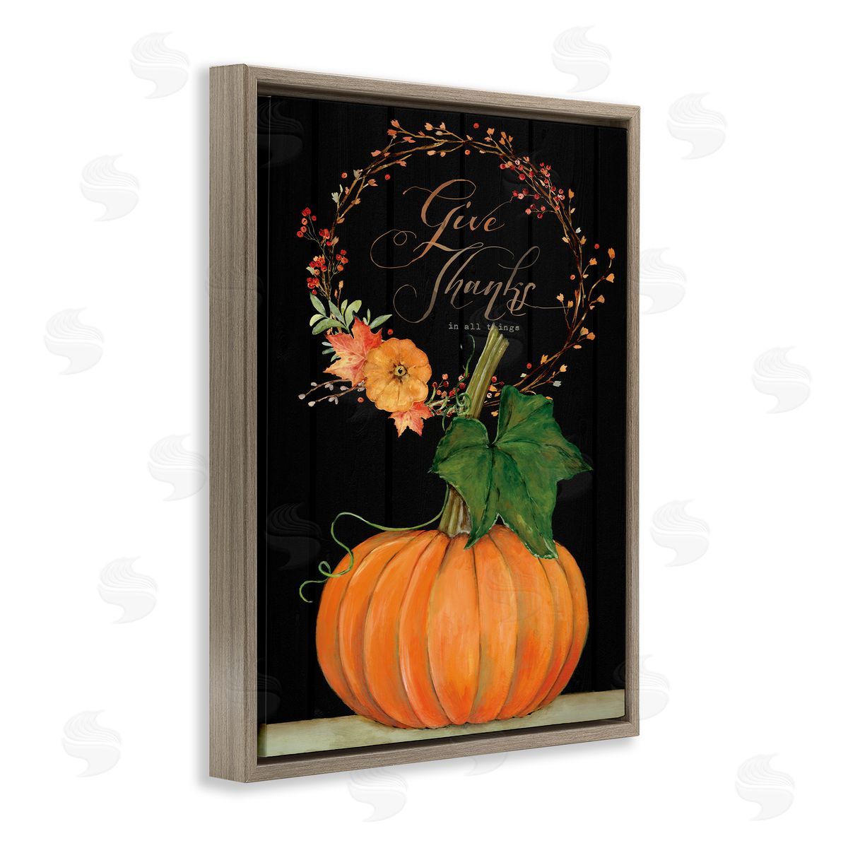 Give Thanks Pumpkin Seasonal Brown Floating Frame Canvas Wall Art, Home Decor by Stephanie Workman Marrott