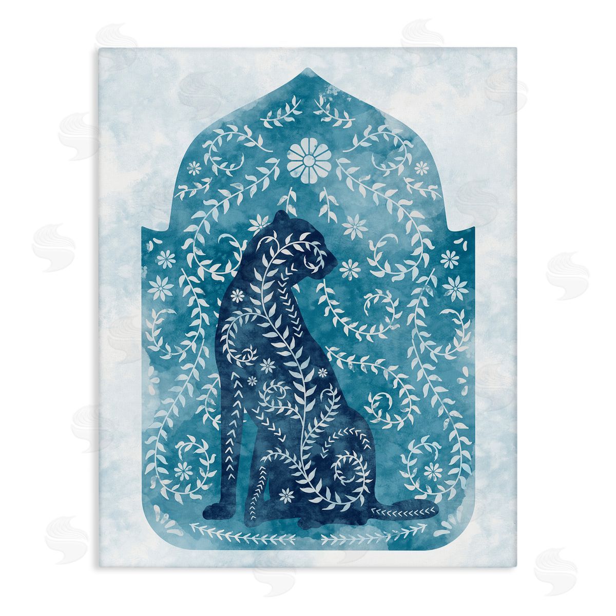 Cheetah in Blue Arabesque Shape Canvas Wall Art, Home Decor by Ziwei Li