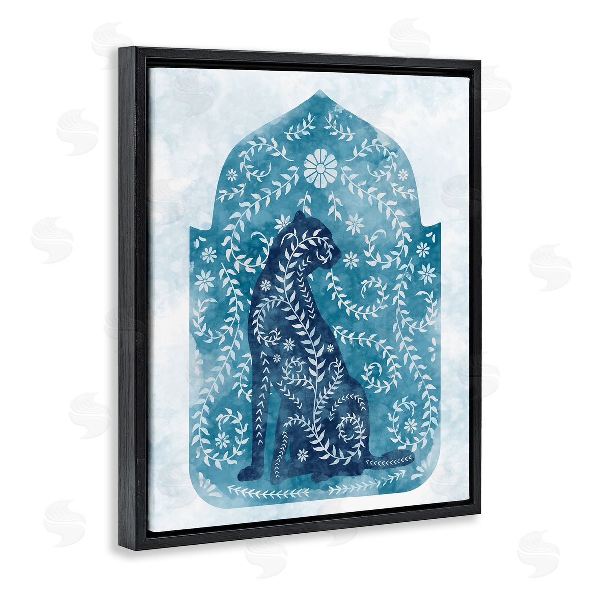 Cheetah in Blue Arabesque Shape Black Floating Frame Canvas Wall Art, Home Decor by Ziwei Li