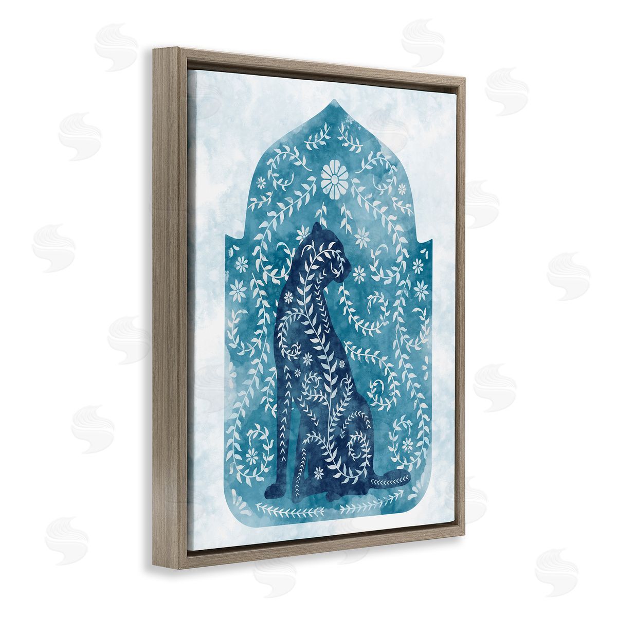 Cheetah in Blue Arabesque Shape Brown Floating Frame Canvas Wall Art, Home Decor by Ziwei Li