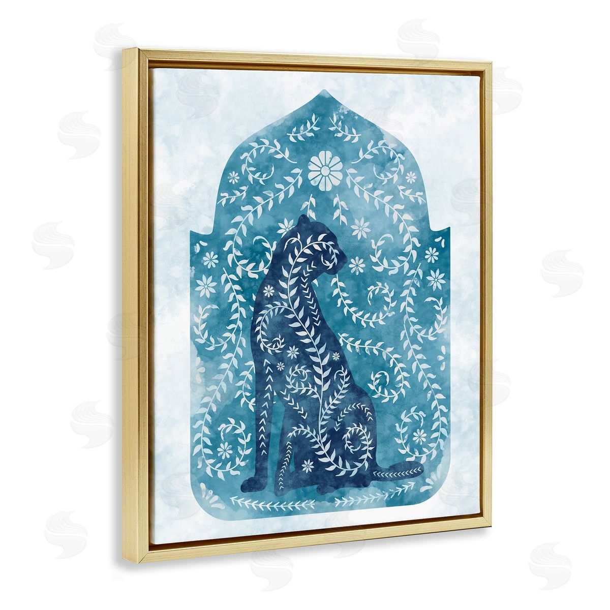 Cheetah in Blue Arabesque Shape Gold Floating Frame Canvas Wall Art, Home Decor by Ziwei Li