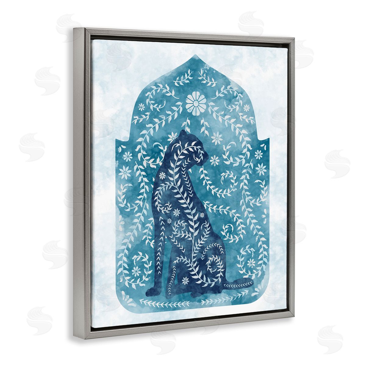 Cheetah in Blue Arabesque Shape Grey Floating Frame Canvas Wall Art, Home Decor by Ziwei Li