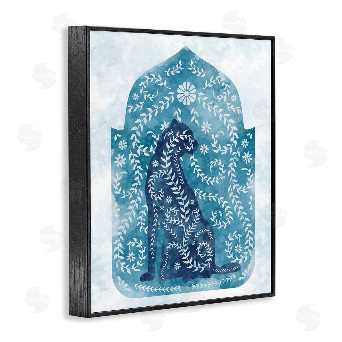 Cheetah in Blue Arabesque Shape Black Frame Print Wall Art, Home Decor by Ziwei Li