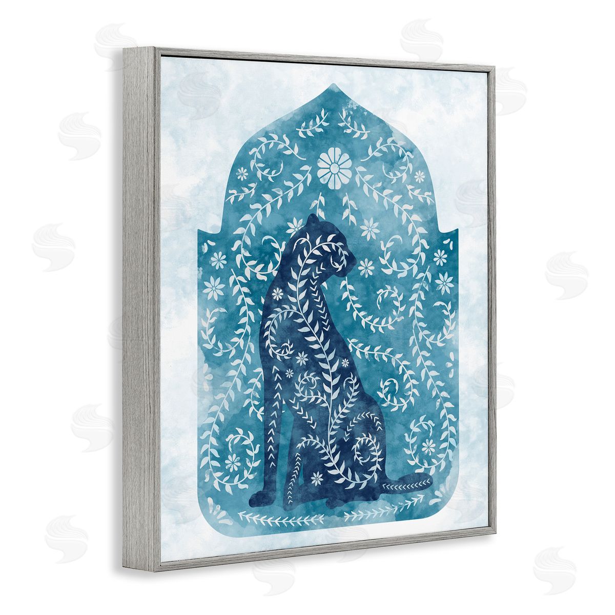 Cheetah in Blue Arabesque Shape Grey Frame Print Wall Art, Home Decor by Ziwei Li