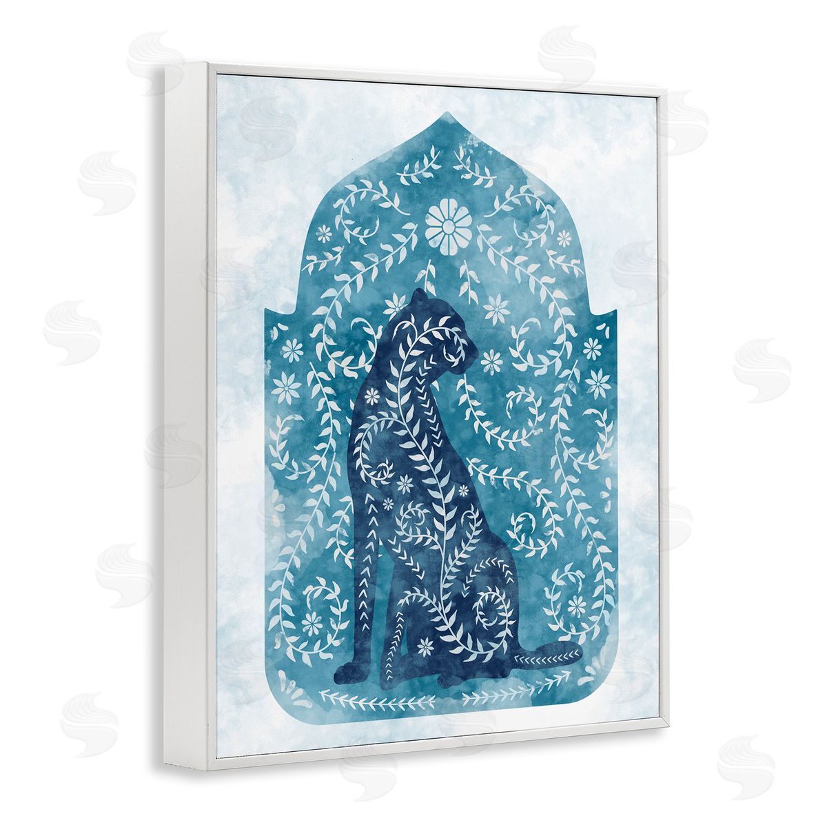 Cheetah in Blue Arabesque Shape White Frame Print Wall Art, Home Decor by Ziwei Li