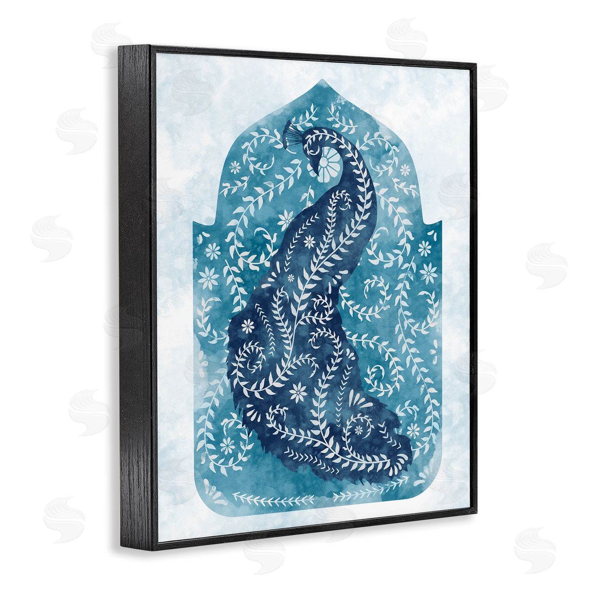 Peacock in Blue Arabesque Shape Black Frame Print Wall Art, Home Decor by Ziwei Li