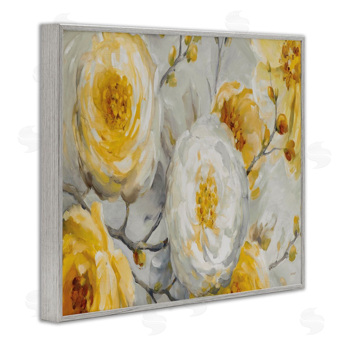 Layered Flower Blossoms Yellow Grey Frame Print Wall Art, Home Decor by Lisa Audit