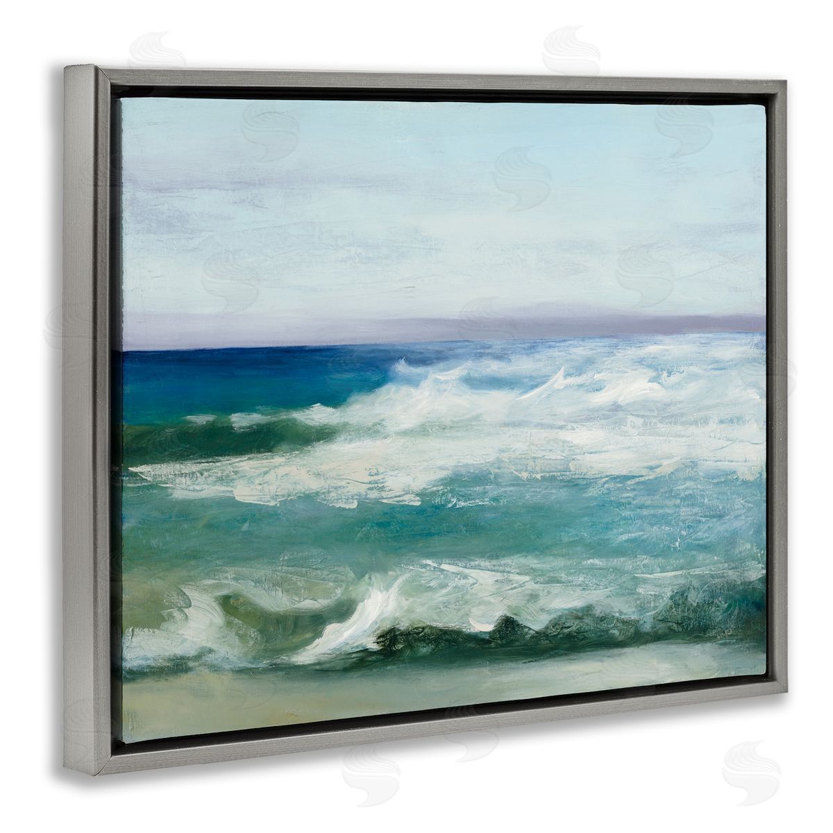 Waves Crashing Seascape Painting Grey Floating Frame Canvas Wall Art, Home Decor by Julia Purinton