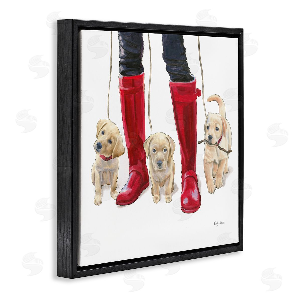Puppies and Rain Boots Black Floating Frame Canvas Wall Art, Home Decor by Emily Adams