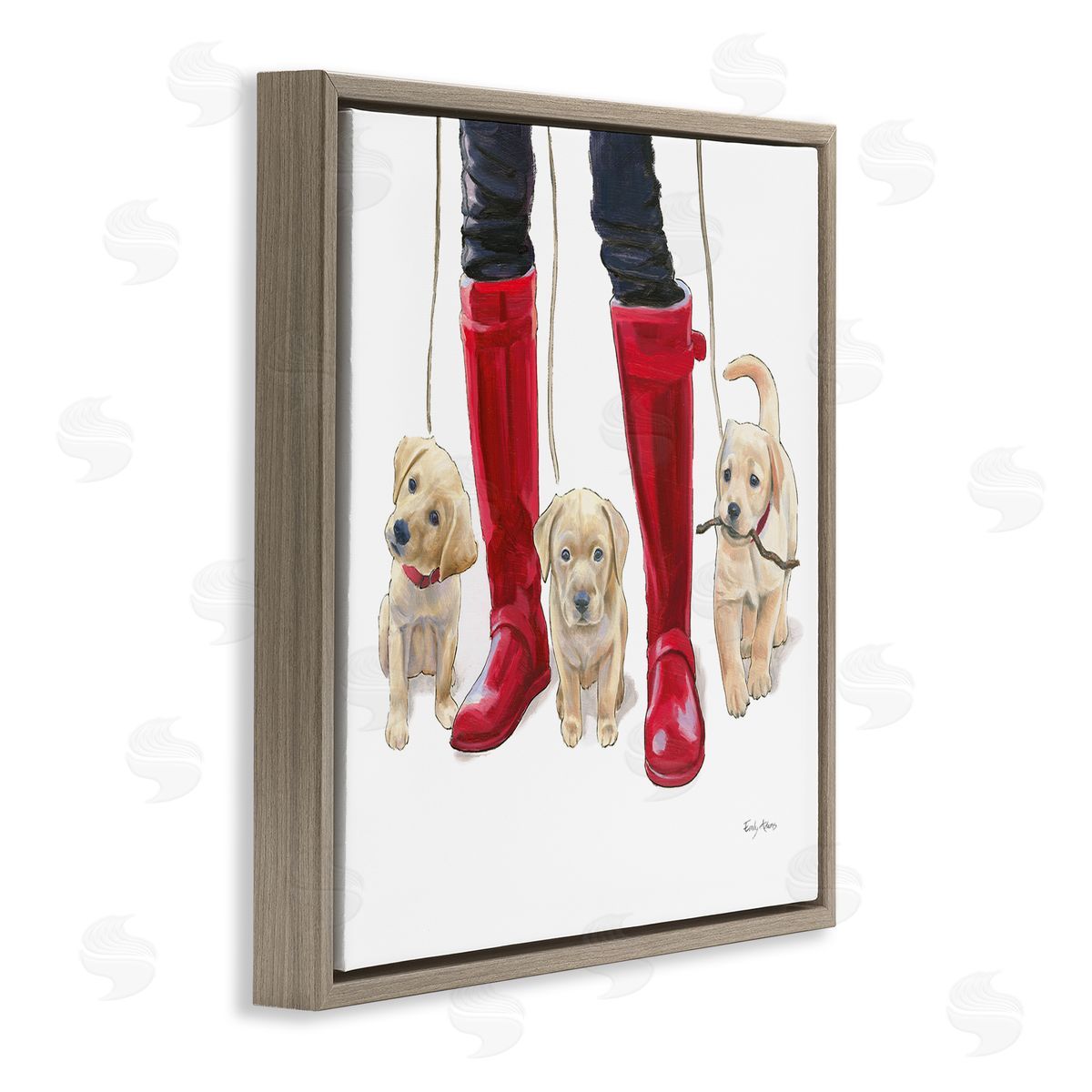 Puppies and Rain Boots Brown Floating Frame Canvas Wall Art, Home Decor by Emily Adams