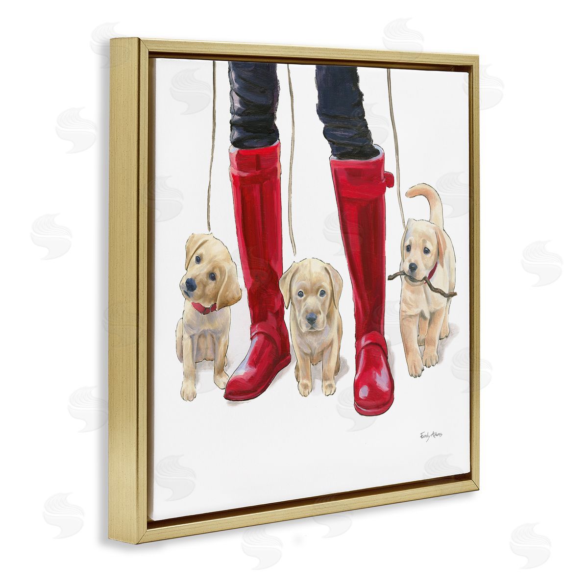 Puppies and Rain Boots Gold Floating Frame Canvas Wall Art, Home Decor by Emily Adams