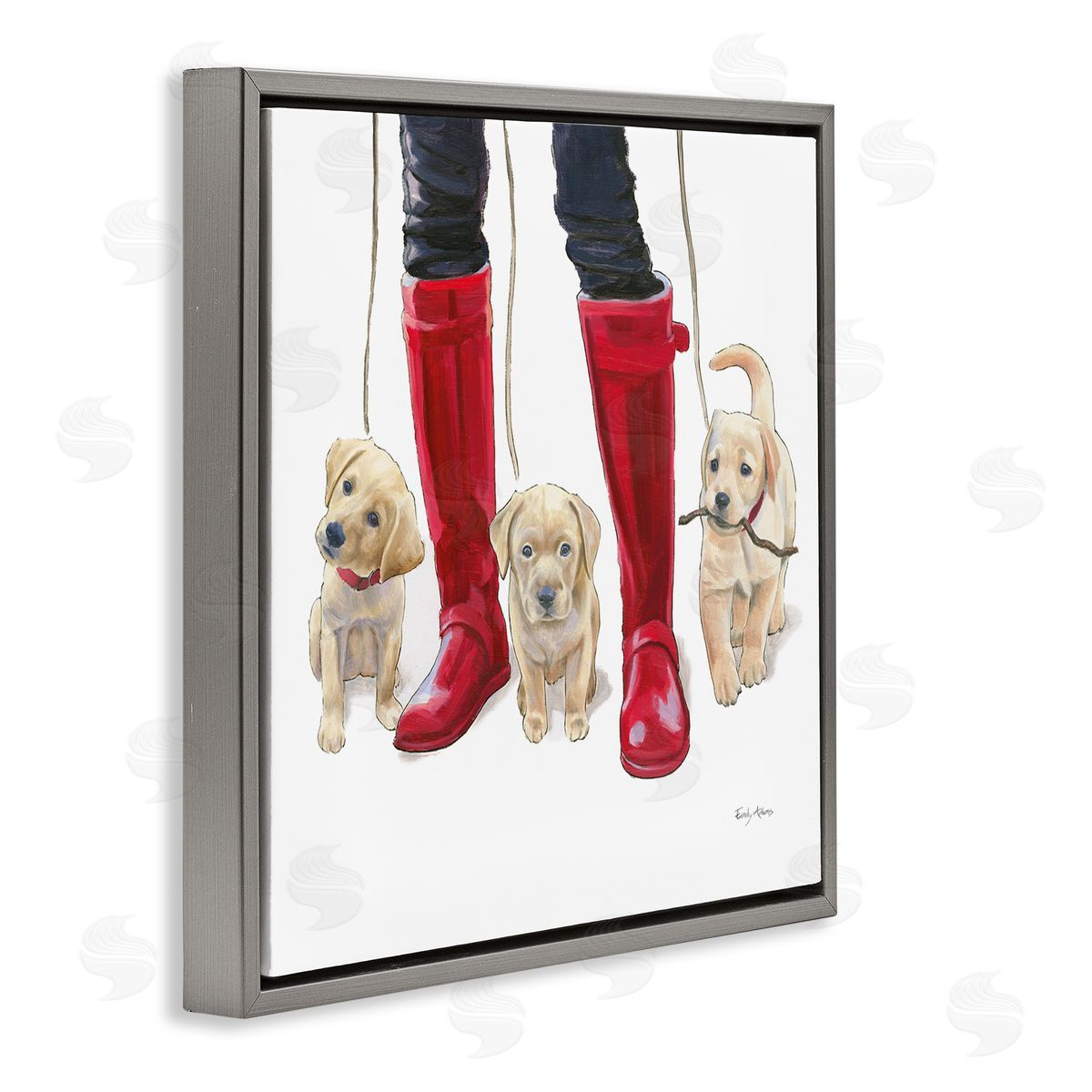 Puppies and Rain Boots Grey Floating Frame Canvas Wall Art, Home Decor by Emily Adams