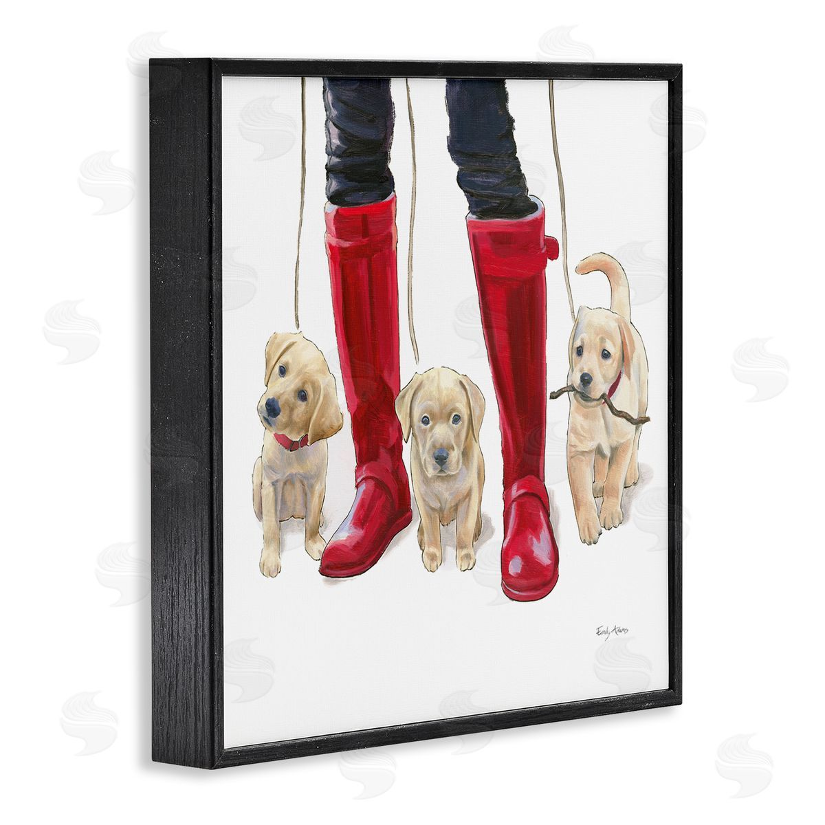 Puppies and Rain Boots Black Frame Print Wall Art, Home Decor by Emily Adams