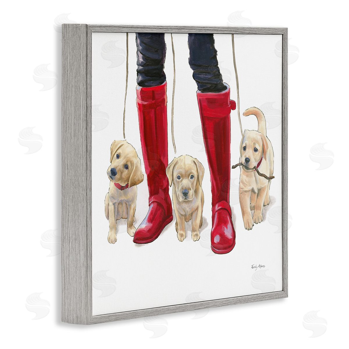 Puppies and Rain Boots Grey Frame Print Wall Art, Home Decor by Emily Adams