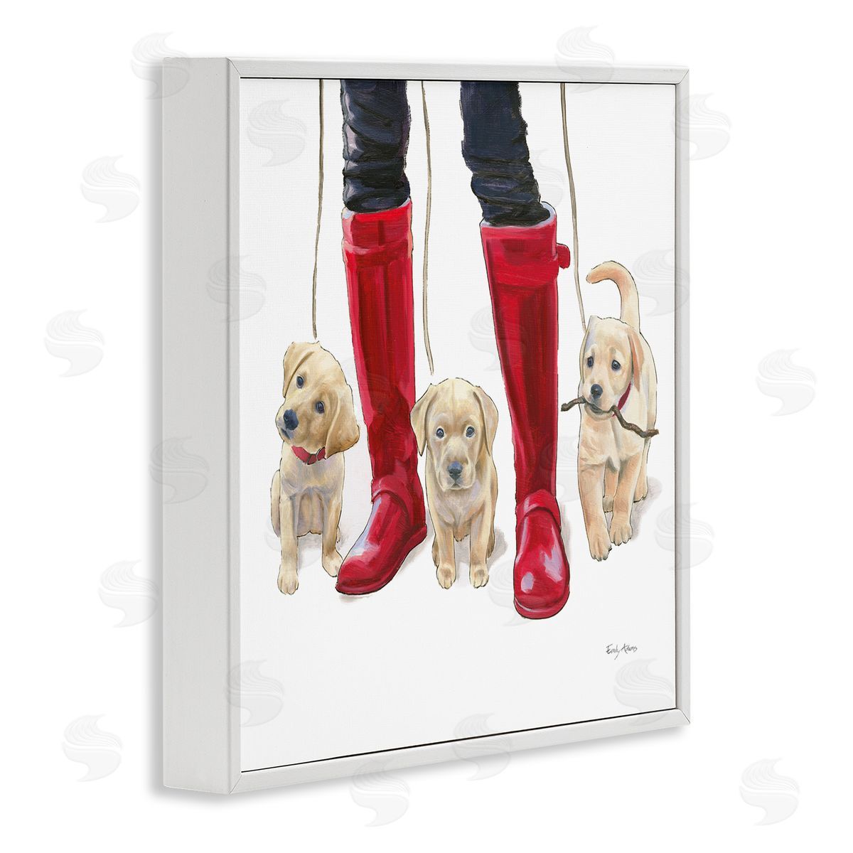 Puppies and Rain Boots White Frame Print Wall Art, Home Decor by Emily Adams
