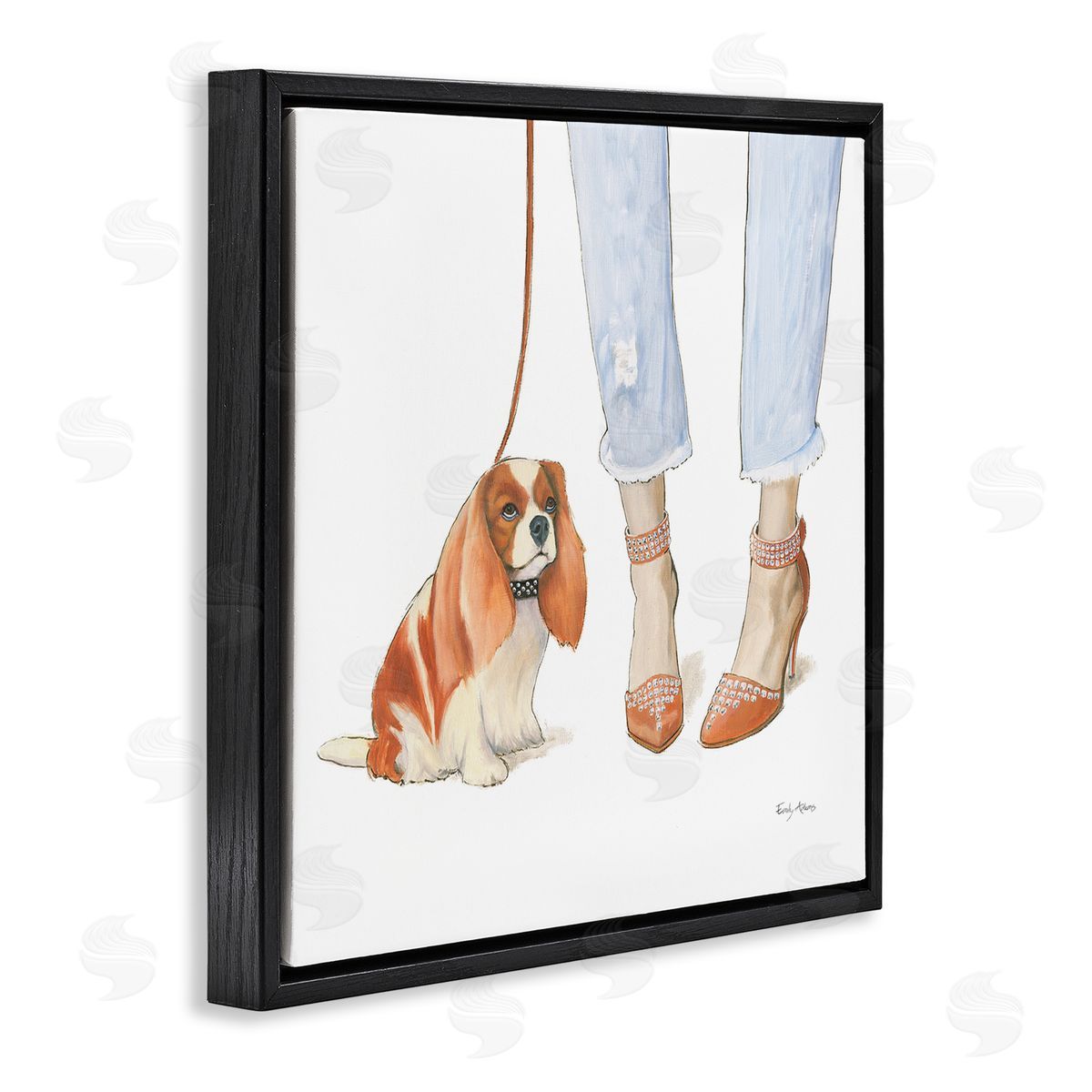 Orange Heels Dog Walk Black Floating Frame Canvas Wall Art, Home Decor by Emily Adams