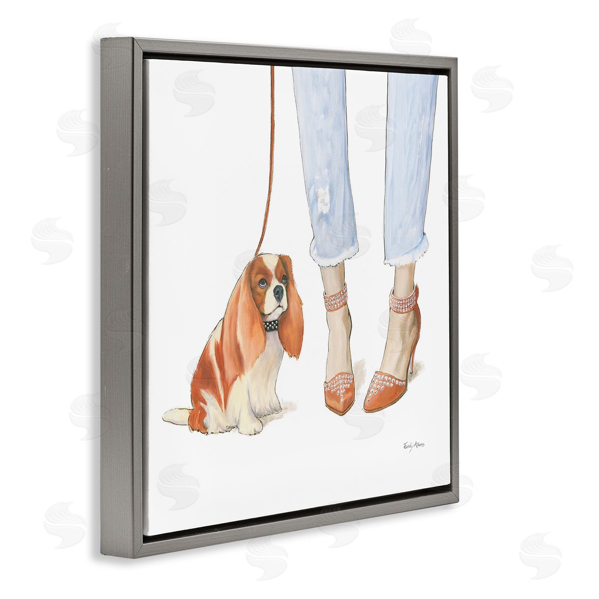 Orange Heels Dog Walk Grey Floating Frame Canvas Wall Art, Home Decor by Emily Adams