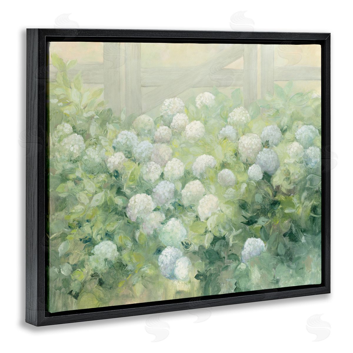 Blue and White Hydrangea Garden Black Floating Frame Canvas Wall Art, Home Decor by Julia Purinton