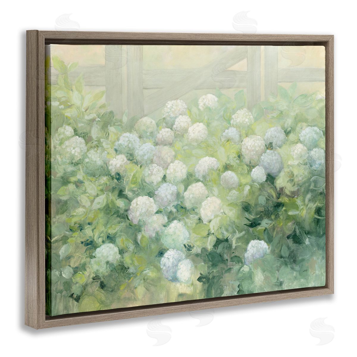 Blue and White Hydrangea Garden Brown Floating Frame Canvas Wall Art, Home Decor by Julia Purinton