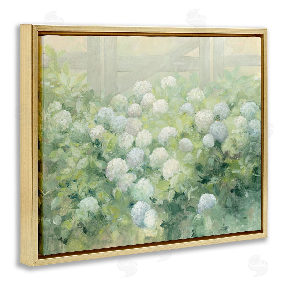 Blue and White Hydrangea Garden Gold Floating Frame Canvas Wall Art, Home Decor by Julia Purinton