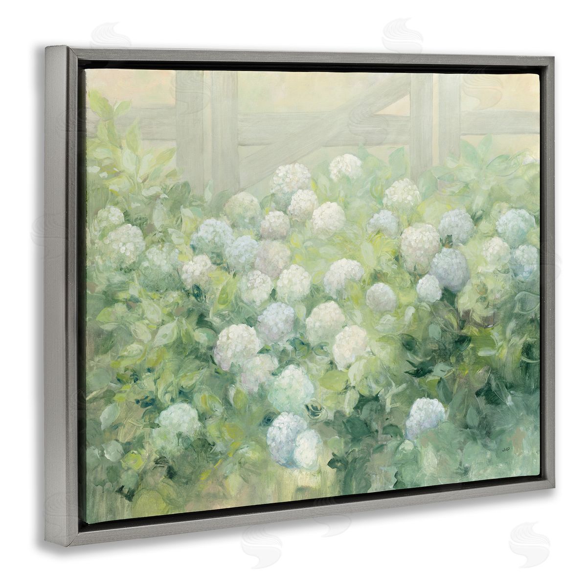 Blue and White Hydrangea Garden Grey Floating Frame Canvas Wall Art, Home Decor by Julia Purinton
