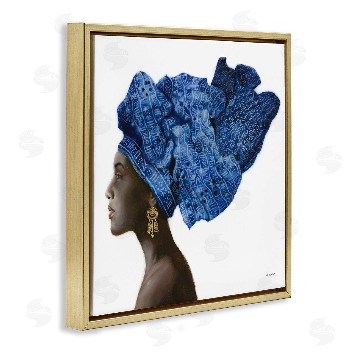 Female Fashion Head Wrap Blue Gold Floating Frame Canvas Wall Art, Home Decor by James Wiens