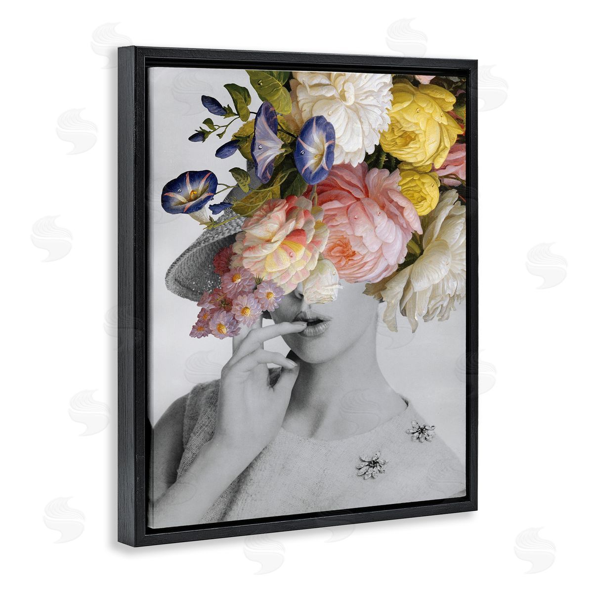 Vintage Female Floral Portrait Black Floating Frame Canvas Wall Art, Home Decor by Wild Apple Portfolio