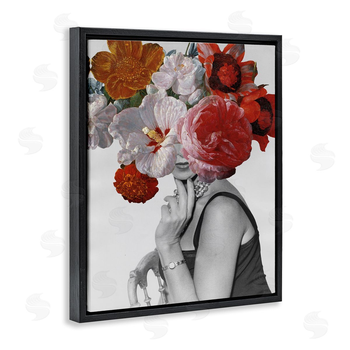 Vintage Female Red Florals Black Floating Frame Canvas Wall Art, Home Decor by Wild Apple Portfolio