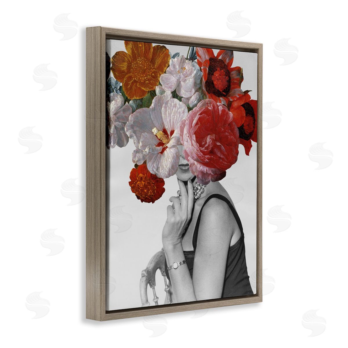 Vintage Female Red Florals Brown Floating Frame Canvas Wall Art, Home Decor by Wild Apple Portfolio