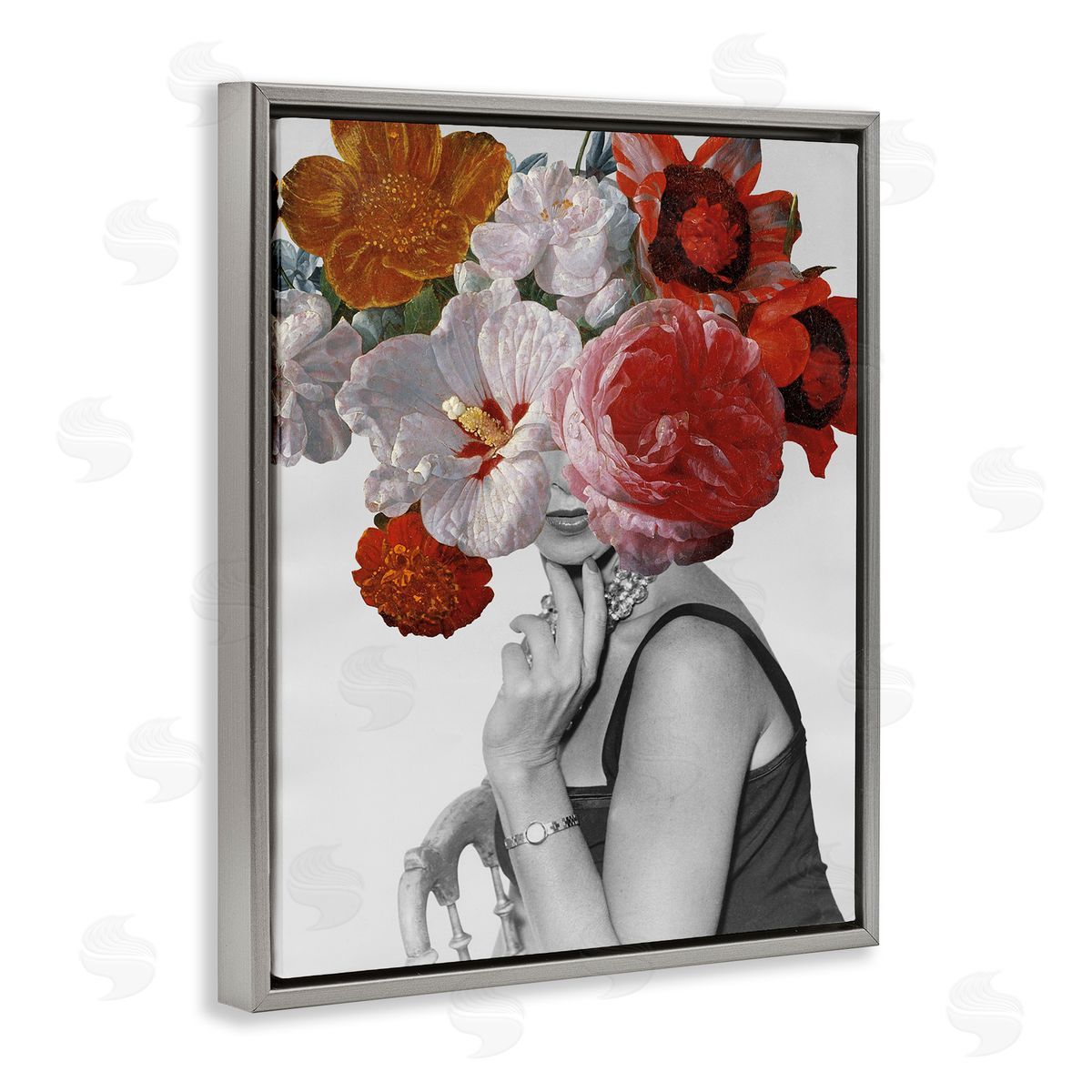 Vintage Female Red Florals Grey Floating Frame Canvas Wall Art, Home Decor by Wild Apple Portfolio