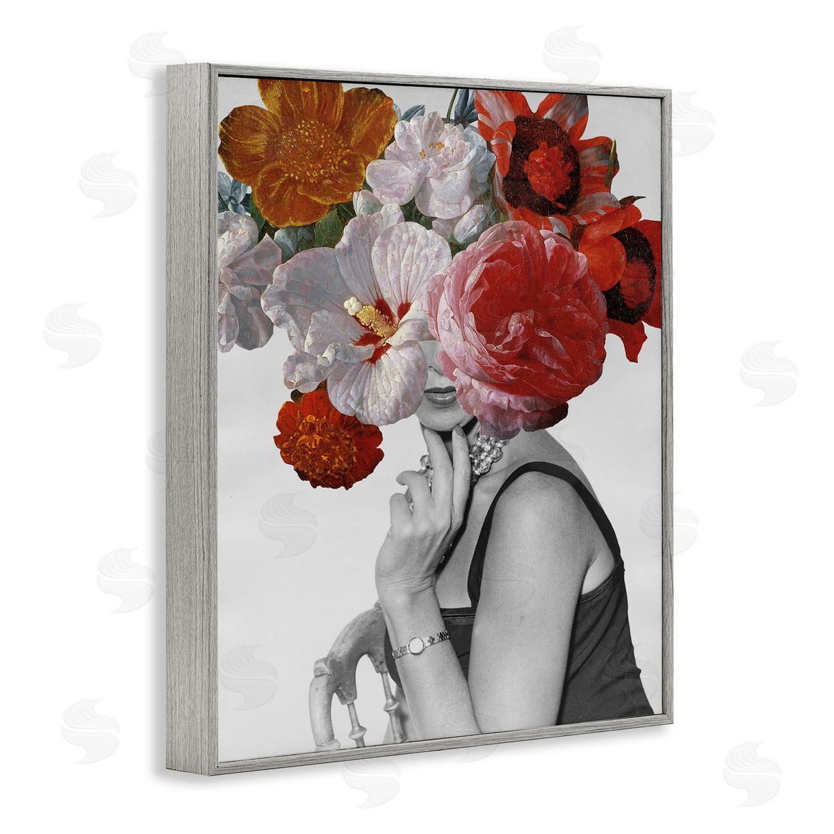 Vintage Female Red Florals Grey Frame Print Wall Art, Home Decor by Wild Apple Portfolio