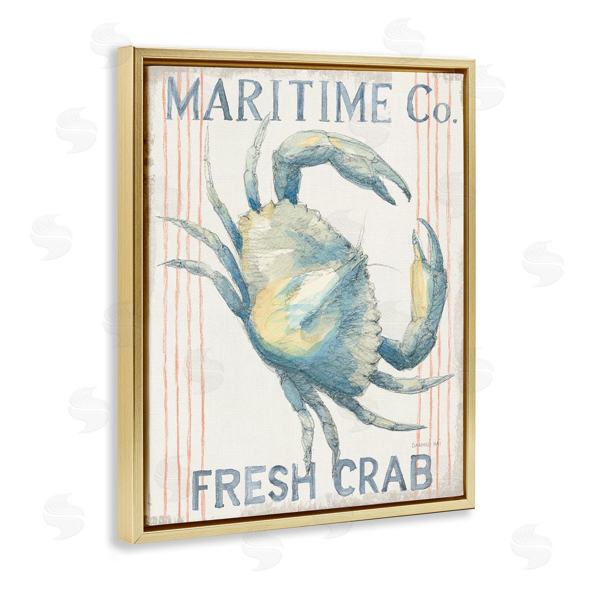 Nautical Crab Seafood Sign Gold Floating Frame Canvas Wall Art, Home Decor by Danhui Nai