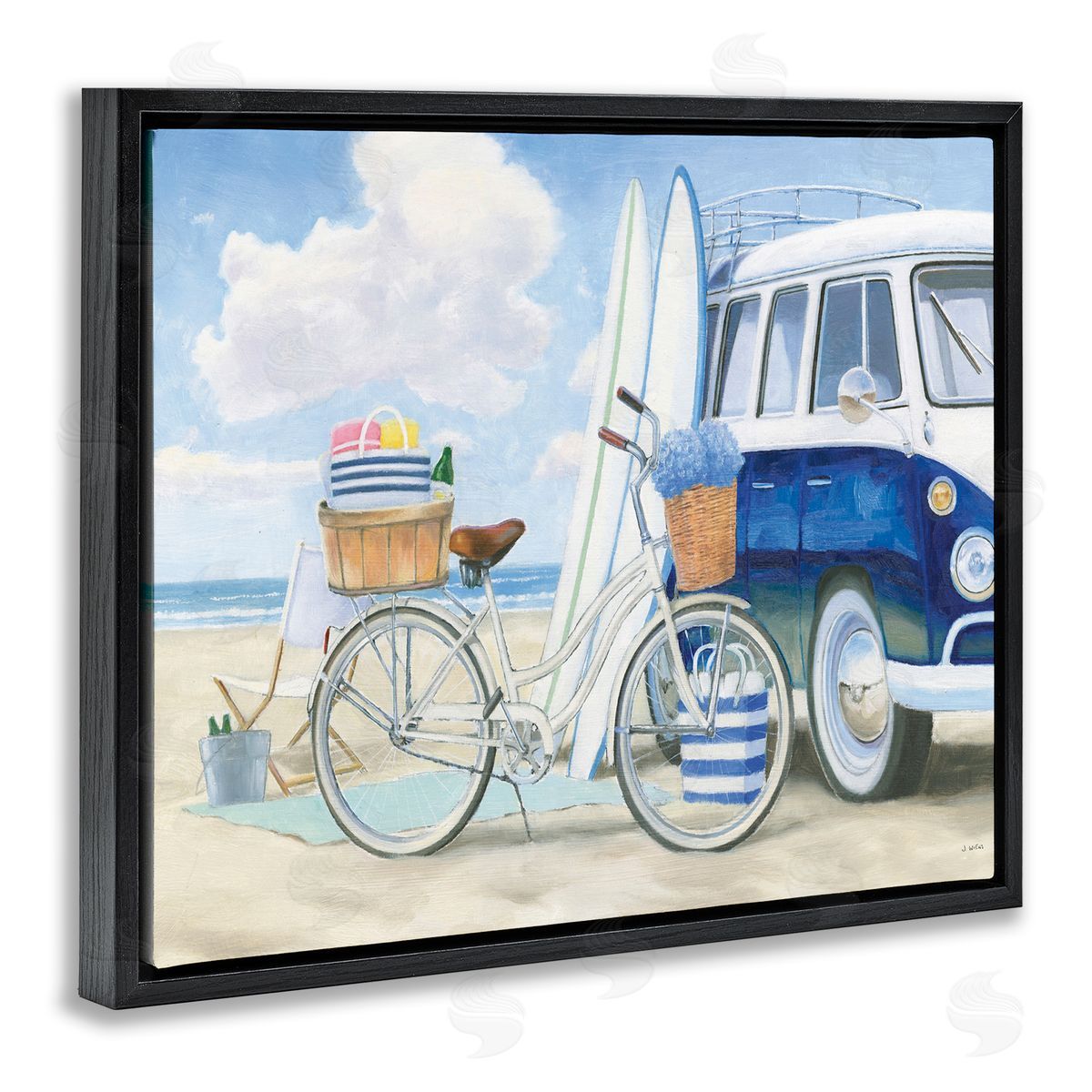 Surf Van & Beach Bike Black Floating Frame Canvas Wall Art, Home Decor by James Wiens