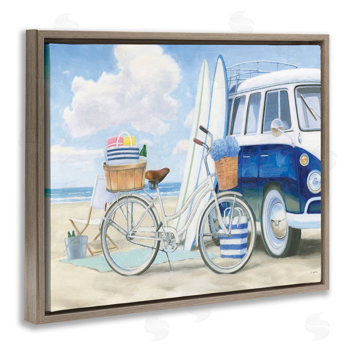 Surf Van & Beach Bike Brown Floating Frame Canvas Wall Art, Home Decor by James Wiens