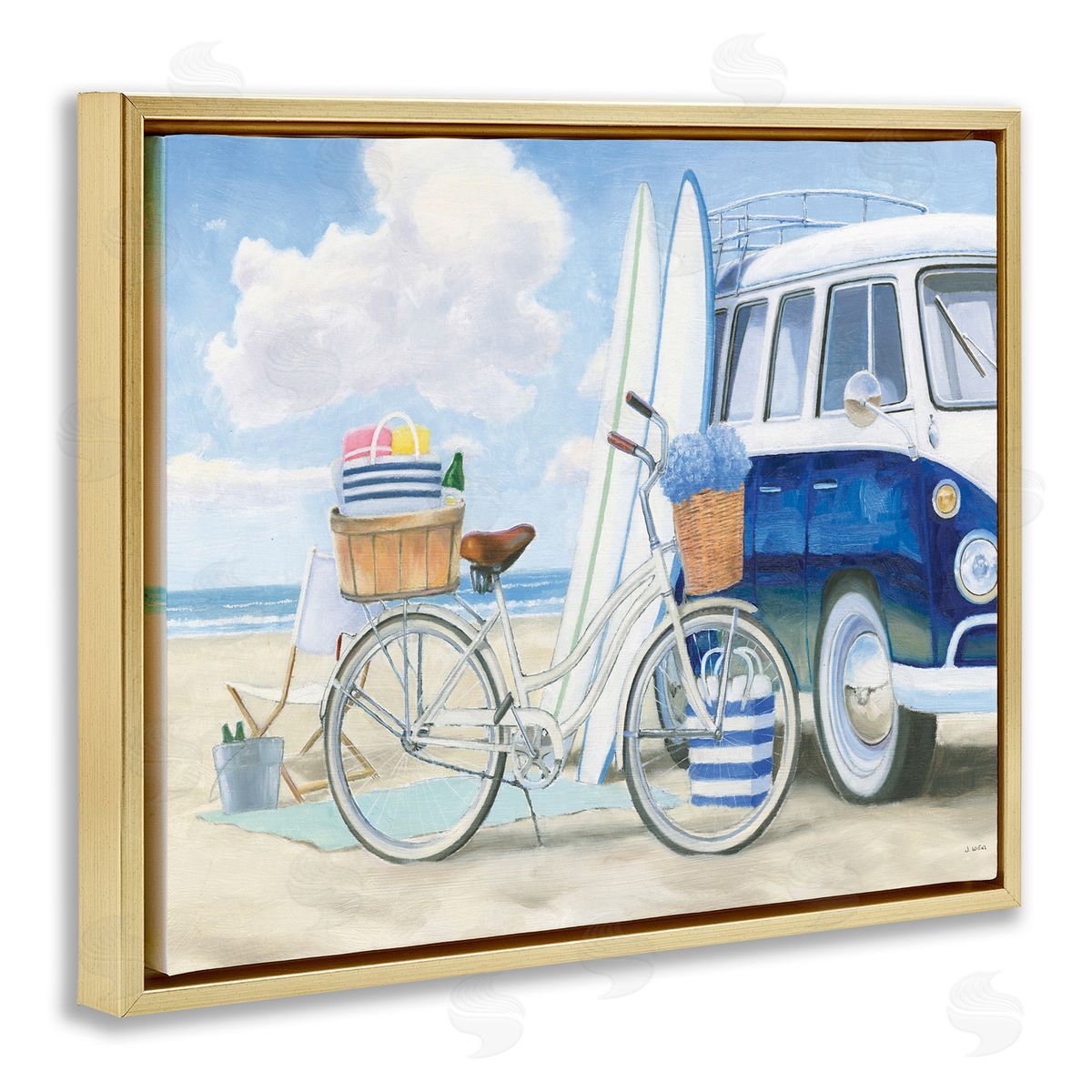 Surf Van & Beach Bike Gold Floating Frame Canvas Wall Art, Home Decor by James Wiens